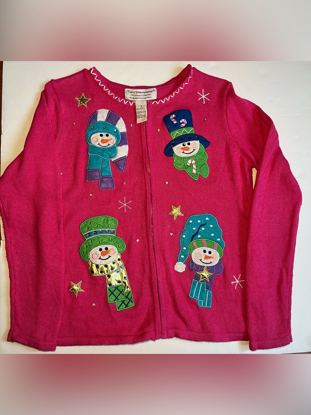Vintage Tiara International Fuchsia Pink Snowman Christmas Sweater Zip Cardigan